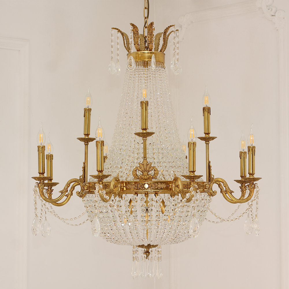 37X39 Inch 15 Lights French Empire Brass and Crystal Chandelier