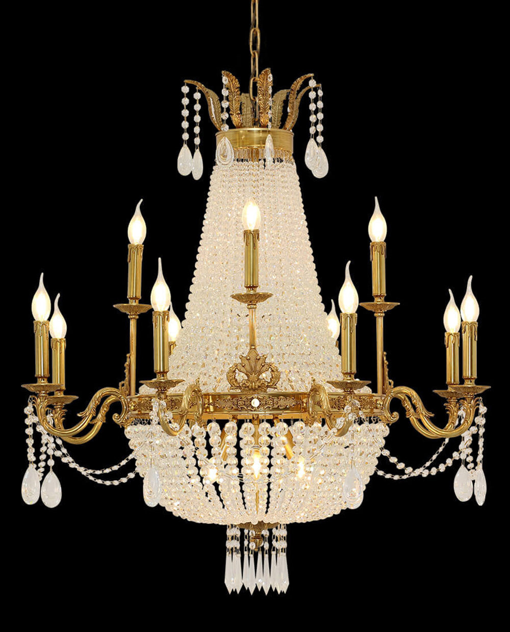 37X39 Inch 15 Lights French Empire Brass and Crystal Chandelier