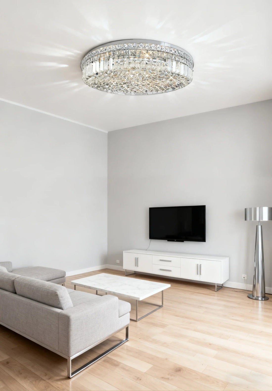 24'' Round Flush Mounted Chandelier Modern Crystal Ceiling Light