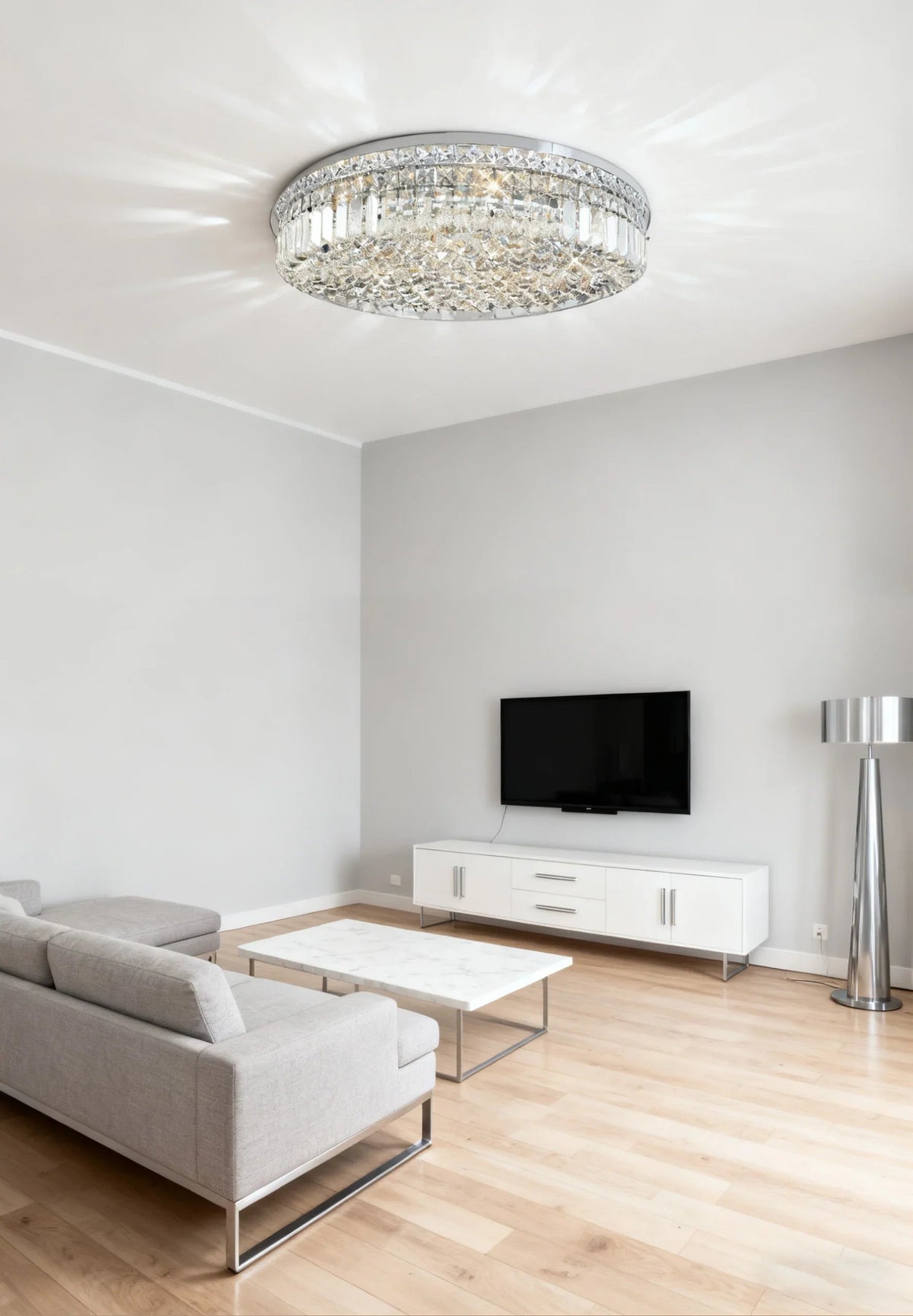 24'' Round Flush Mounted Chandelier Modern Crystal Ceiling Light