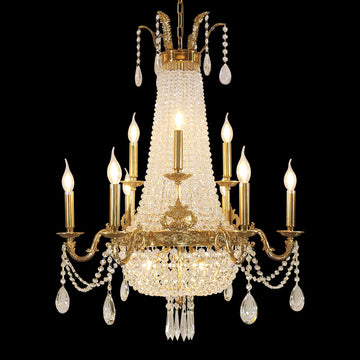 28X35 Inch 12 Lights French Empire Brass and Crystal Chandelier