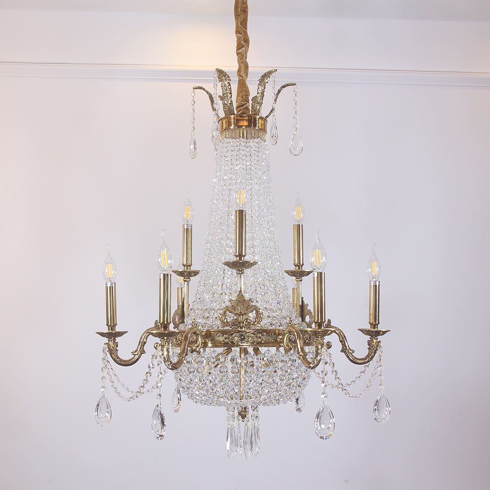 28X35 Inch 12 Lights French Empire Brass and Crystal Chandelier