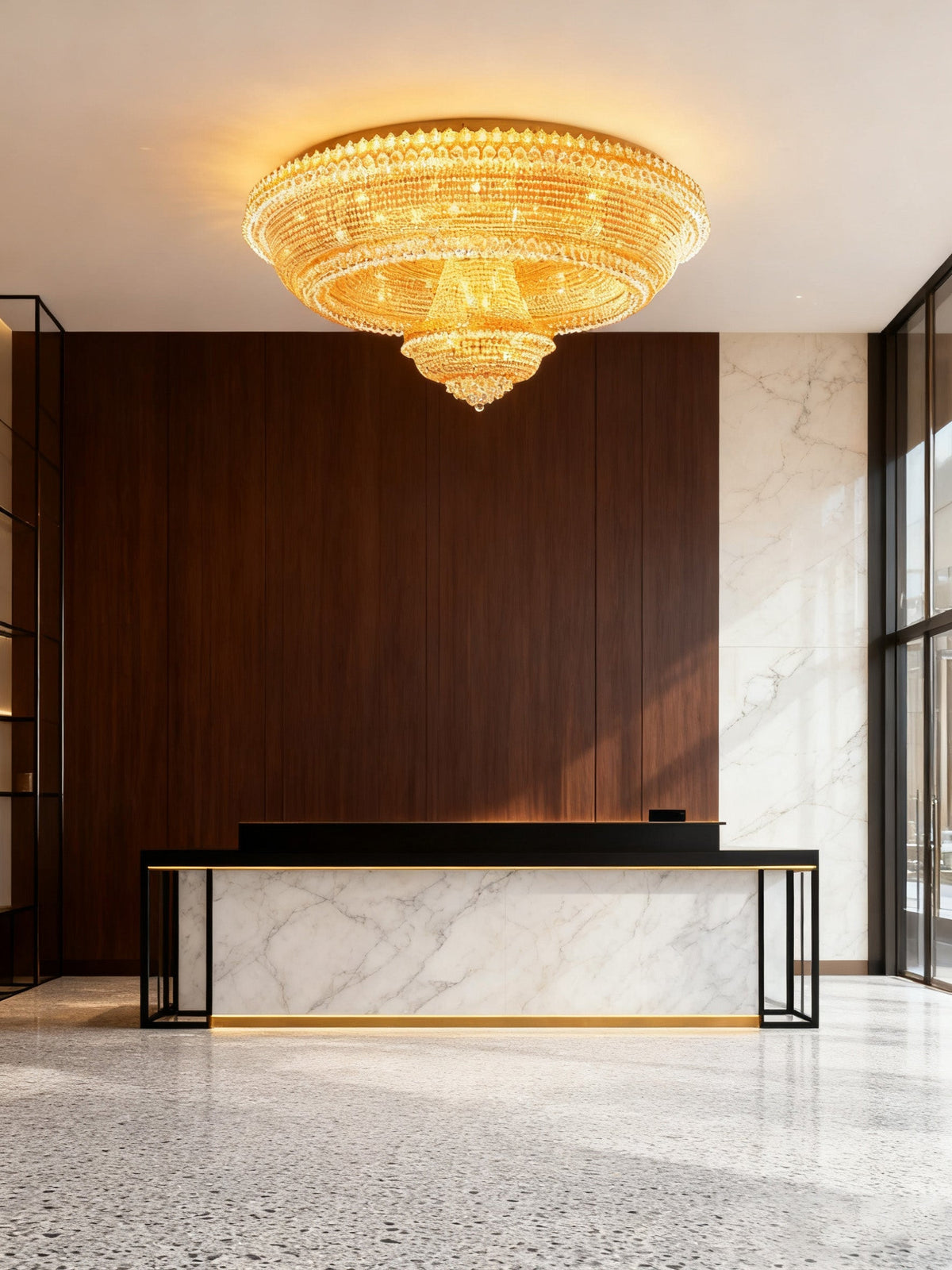 59 Inch Big Round Gold Flush Mounted Crystal Chandelier for Banquet Hall