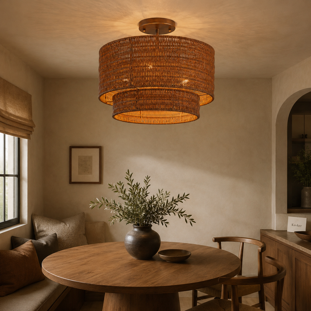 Handwoven Rattan Flush Mount Ceiling Light