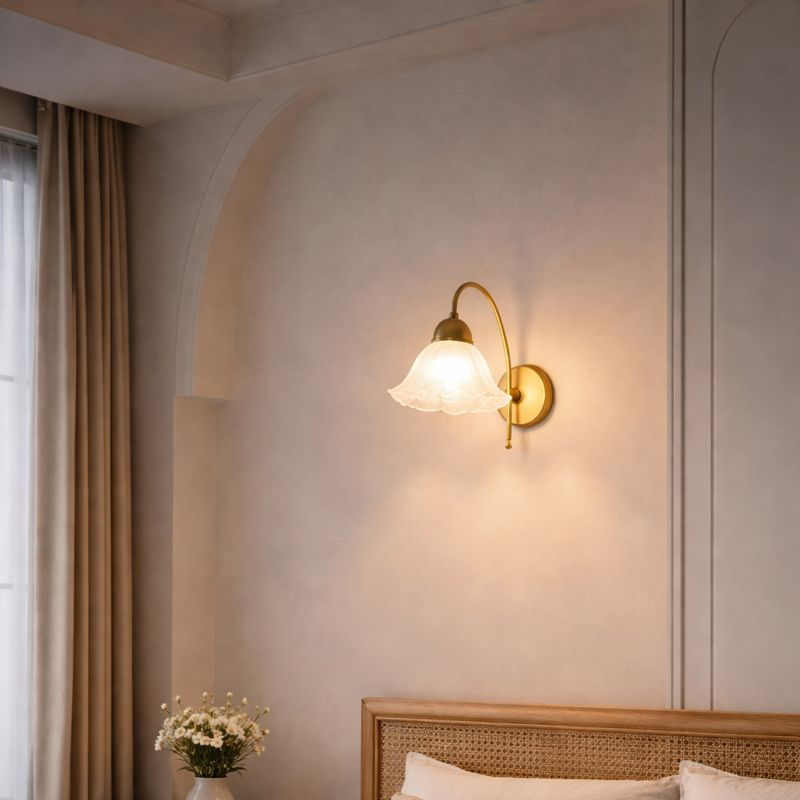Floral Glass & Brass Curved Arm Wall Sconce