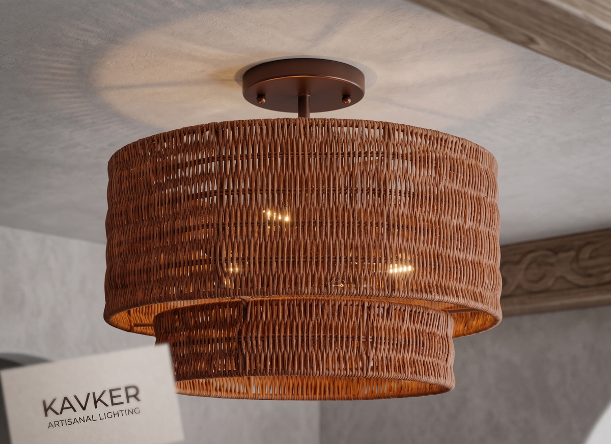 Handwoven Rattan Flush Mount Ceiling Light