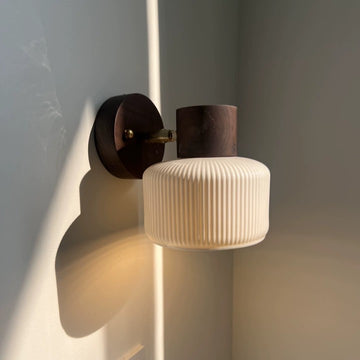 Ribbed Glass & Wood-Tone Wall Sconce