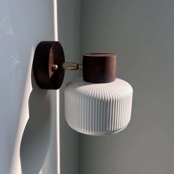 Ribbed Glass & Wood-Tone Wall Sconce