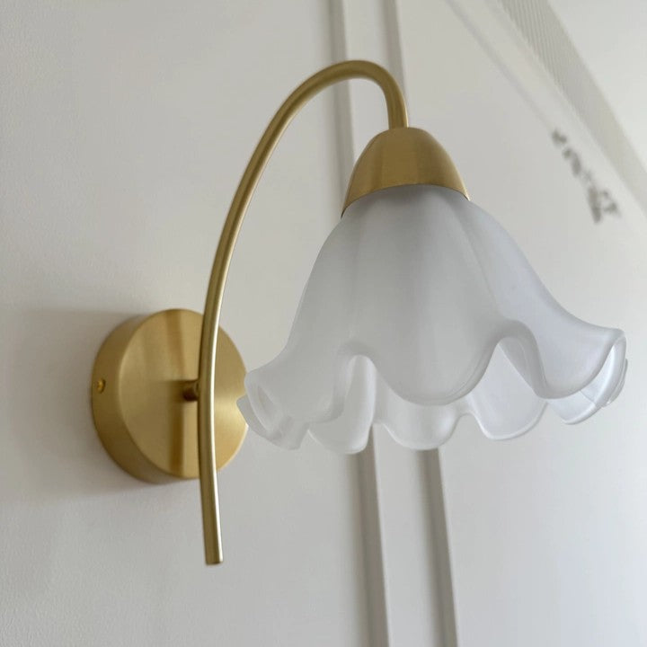 Floral Glass & Brass Curved Arm Wall Sconce