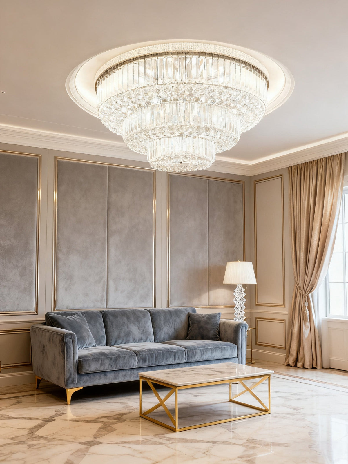 39 Inch Round Crystal Ceiling Light Tiered Flush Mounted Chandelier for Low Ceiling Room