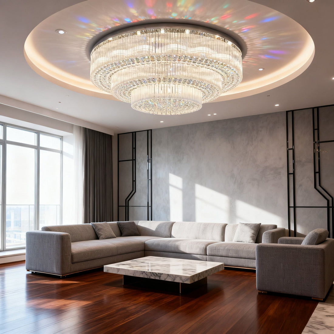 59 Inch Round Crystal Ceiling Light Custom Tiered Flush Mounted Chandelier