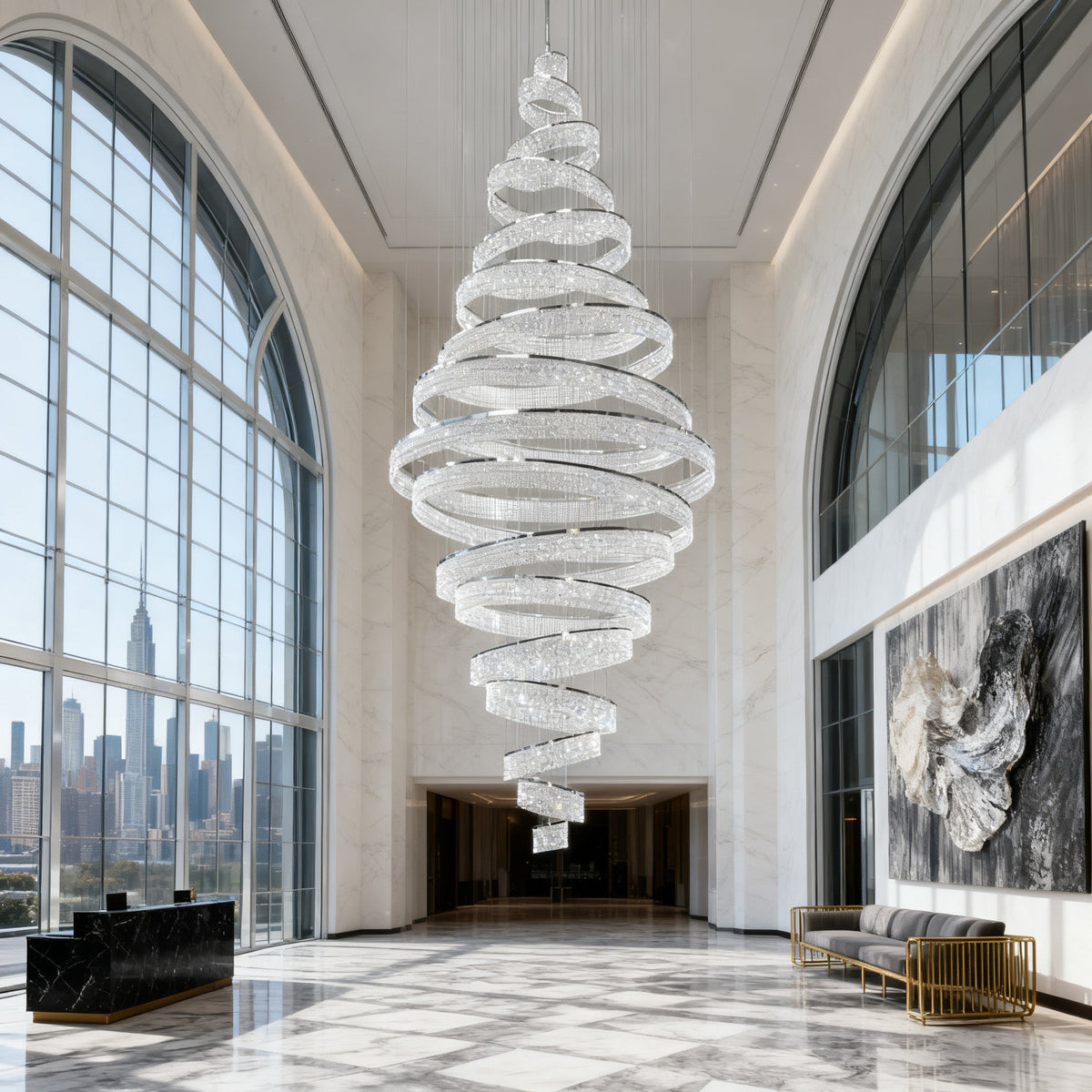 17 Crystal Rings Pendant Light 71X216 Inch Spiral Staircase Chandelier for High Ceilings