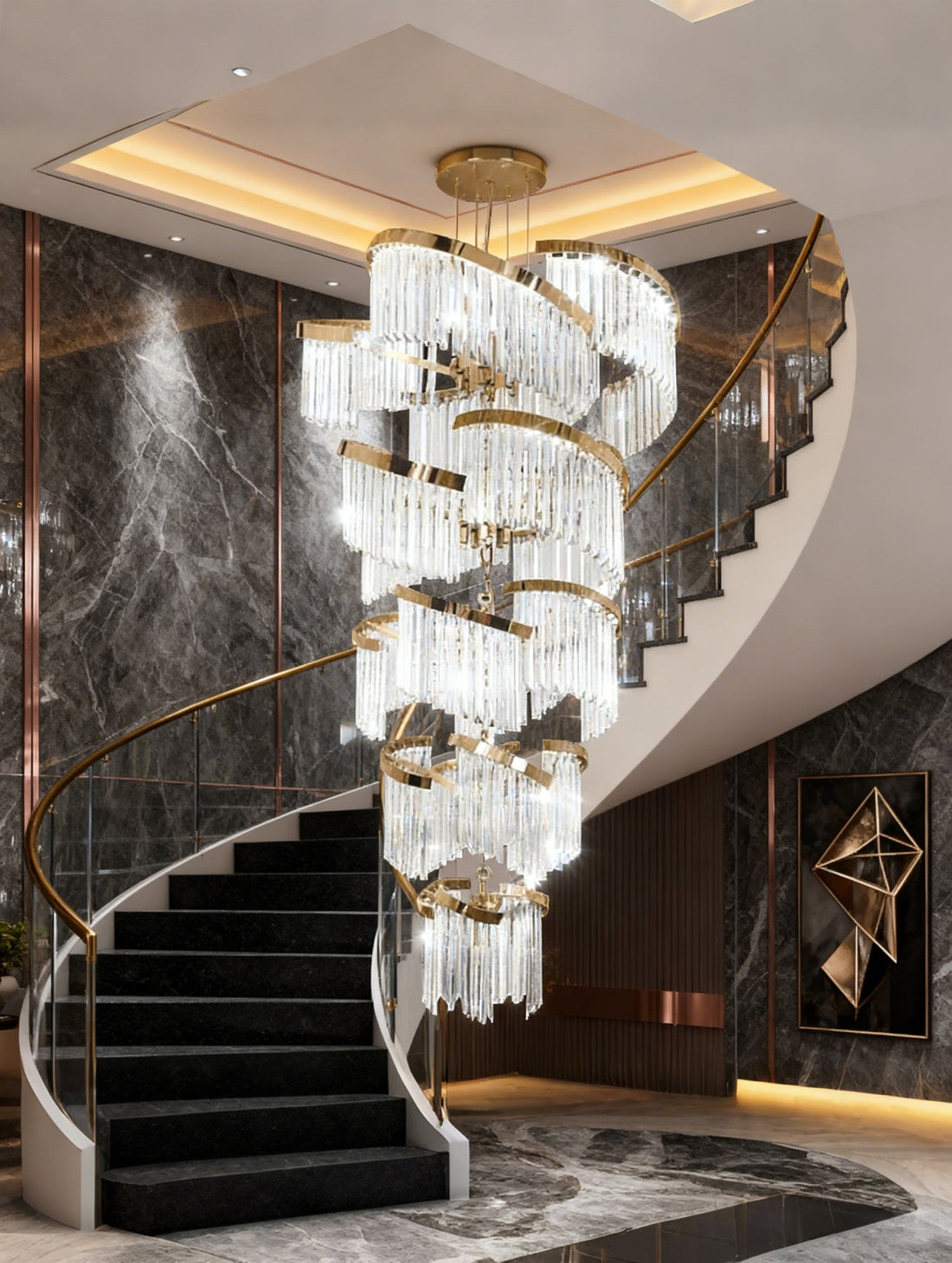 43X87 Inch Big Modern Gold Chandelier Cascading Glass Chandelier for Foyer
