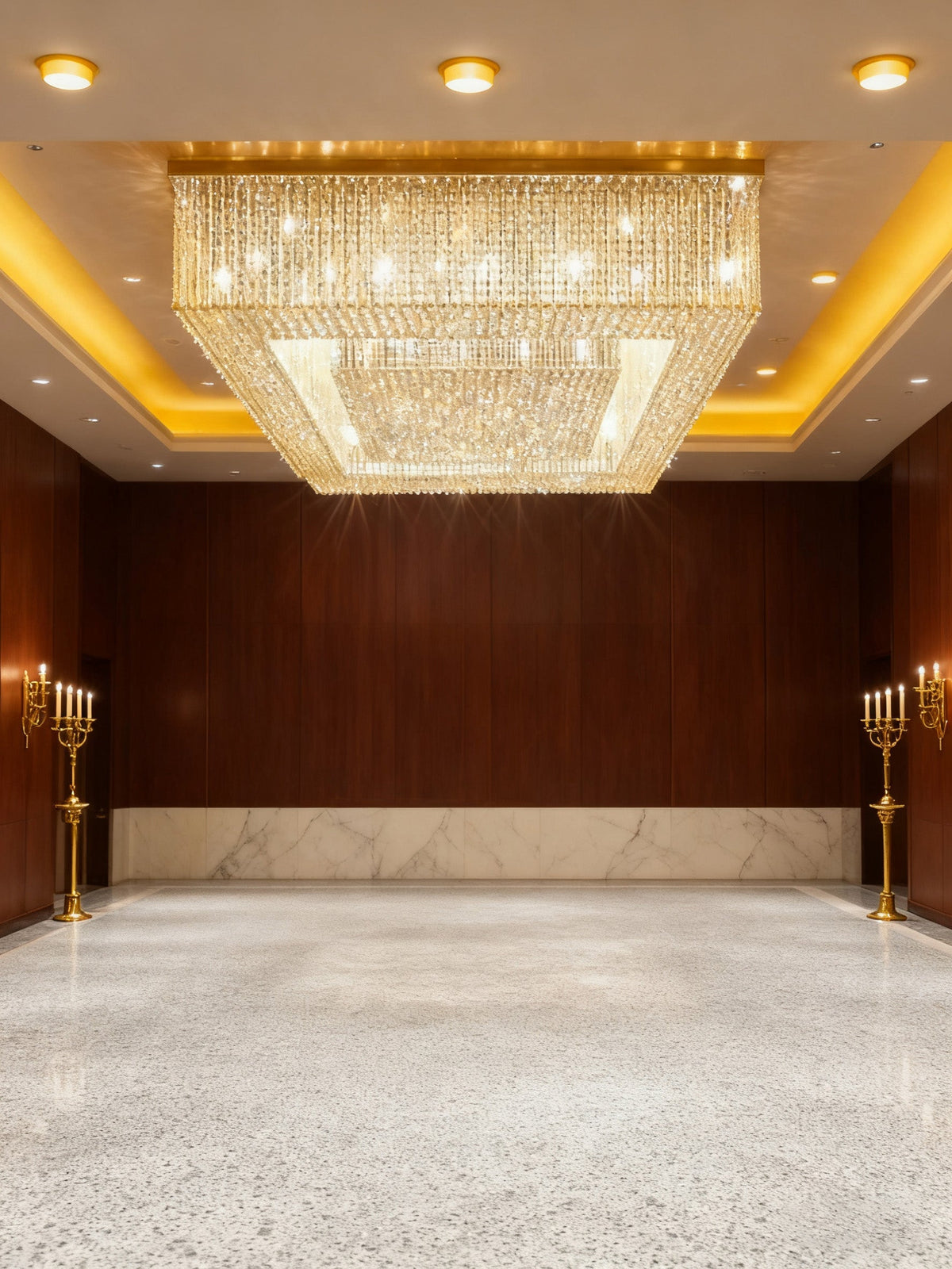 Custom Made Huge Rectangle Flush Mounted Gold Crystal Chandelier for Low Ceiling