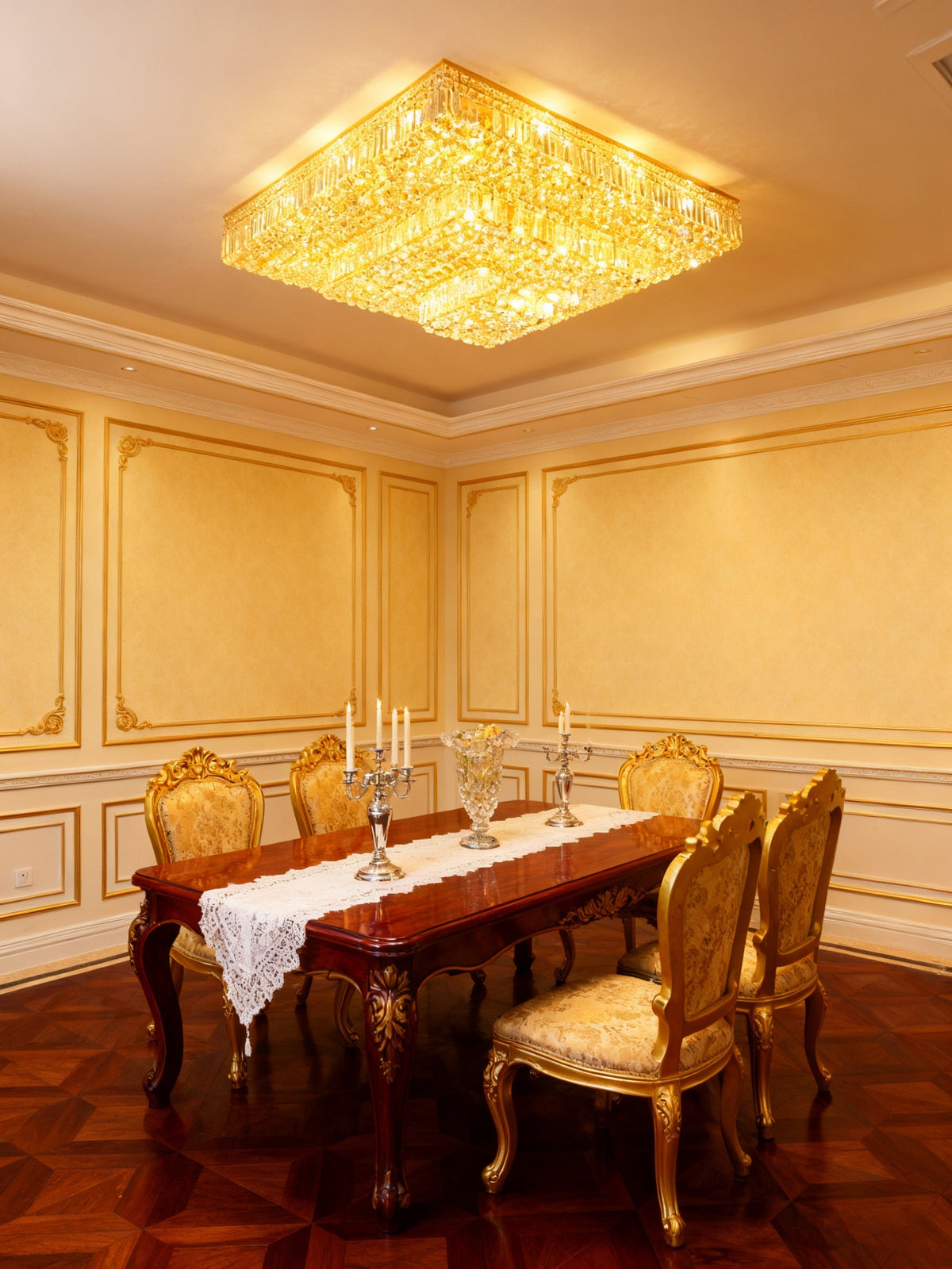 47 Inch 3 Tiers Big Square Flush Mounted Chandelier Gold Crystal Chandelier
