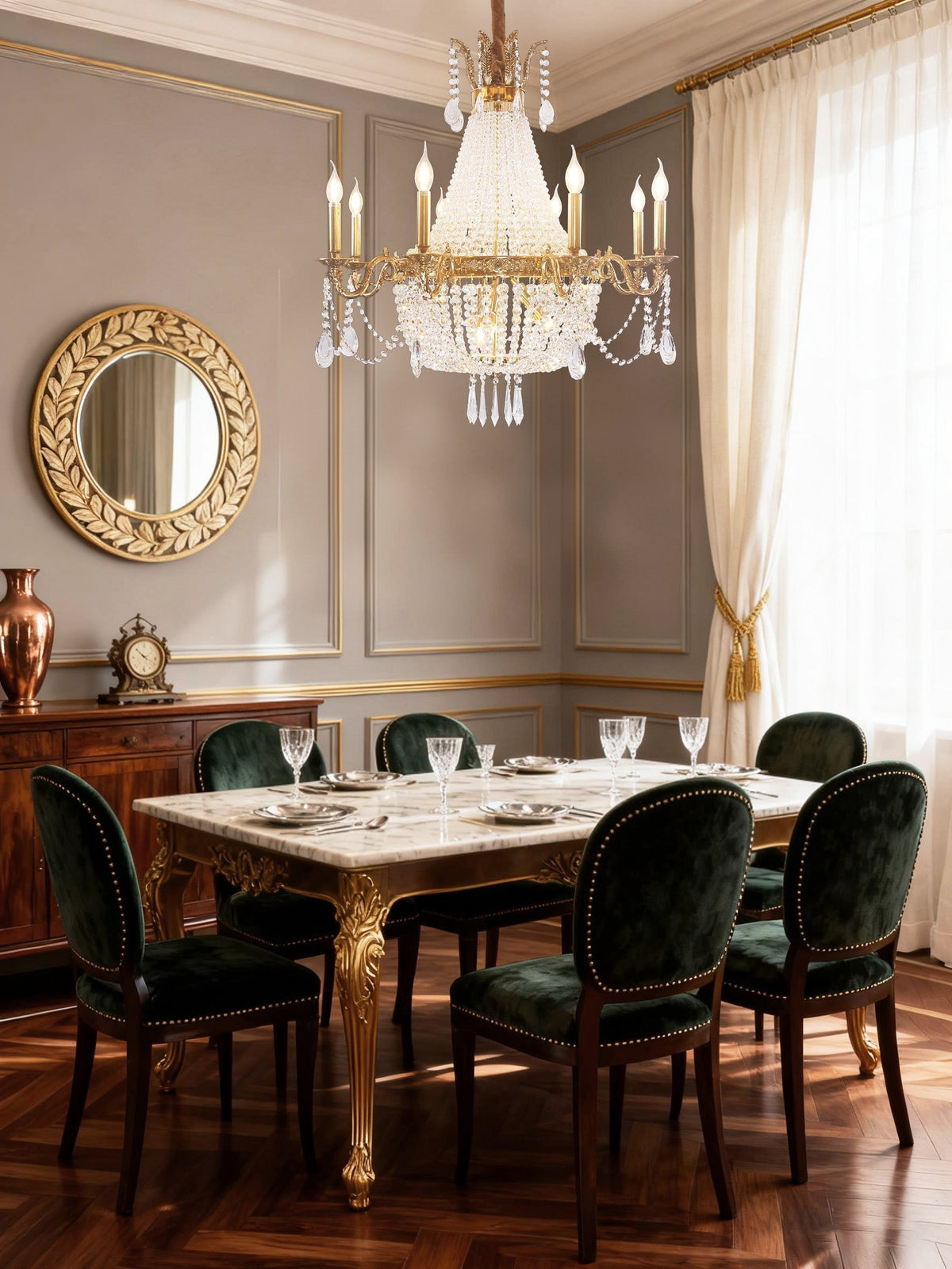 33X33 Inch French Empire Brass and Crystal Chandelier