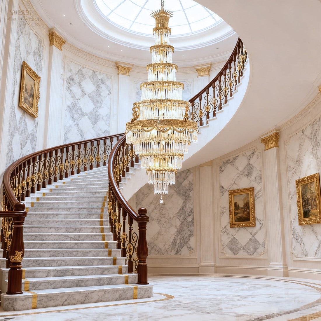 35X83 Inch Big Foyer Lighting Cascading French Empire Brass and Crystal Chandelier