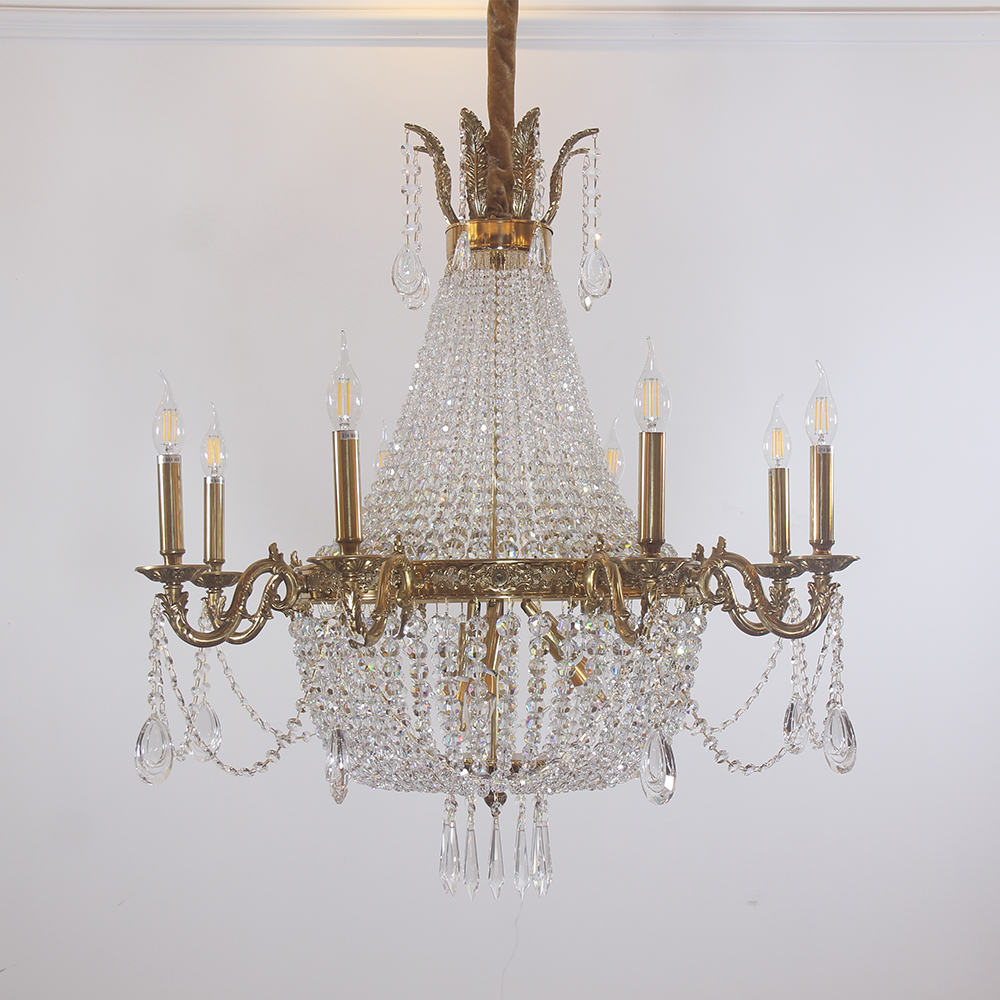 33X33 Inch French Empire Brass and Crystal Chandelier