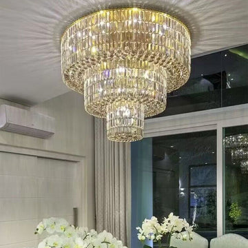 Extra Large Gold Flush Mount Crystal Light Round 3-layers Decorative Living Room/Dining Room Light Fixture-Chandeliers-Kavker-Kavker