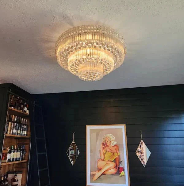 Extra Large Three Layers Round Luxury Flush Mounted Crystal Chandelier for Living Room - D31.5"*H14.2"Warm LightKavker