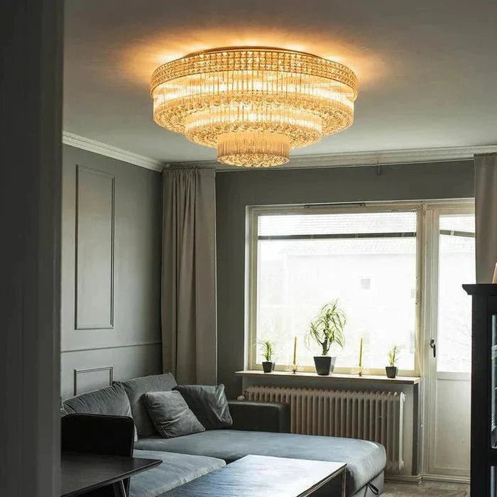 Extra Large Three Layers Round Luxury Flush Mounted Crystal Chandelier for Living Room - D31.5"*H14.2"Warm LightKavker