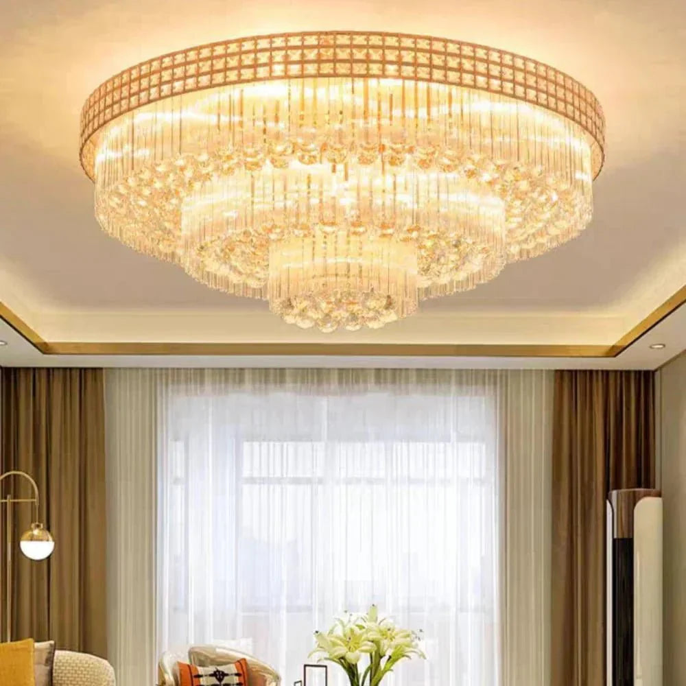 Extra Large Three Layers Round Luxury Flush Mounted Crystal Chandelier for Living Room - D31.5"*H14.2"Warm LightKavker