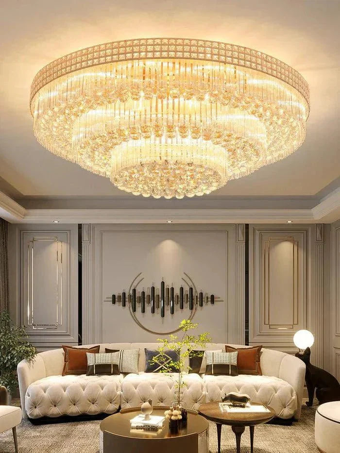 Extra Large Three Layers Round Luxury Flush Mounted Crystal Chandelier for Living Room - D31.5"*H14.2"Warm LightKavker