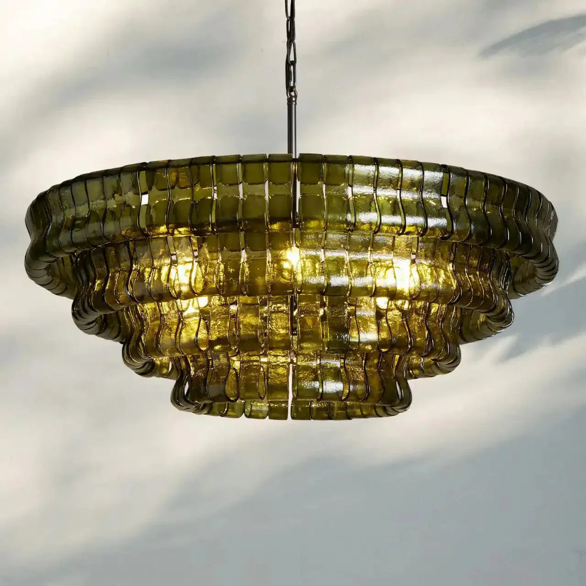 Ghiaccio Glass Round Chandelier 24" 36" 48" 60" - 3 - Tier 24"BronzeGreen-Kavker