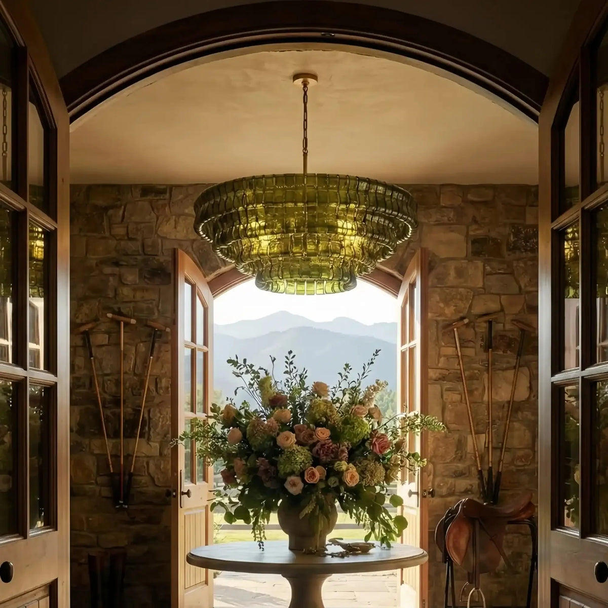 Ghiaccio Glass Round Chandelier 24" 36" 48" 60" - 3 - Tier 24"BronzeGreen-Kavker