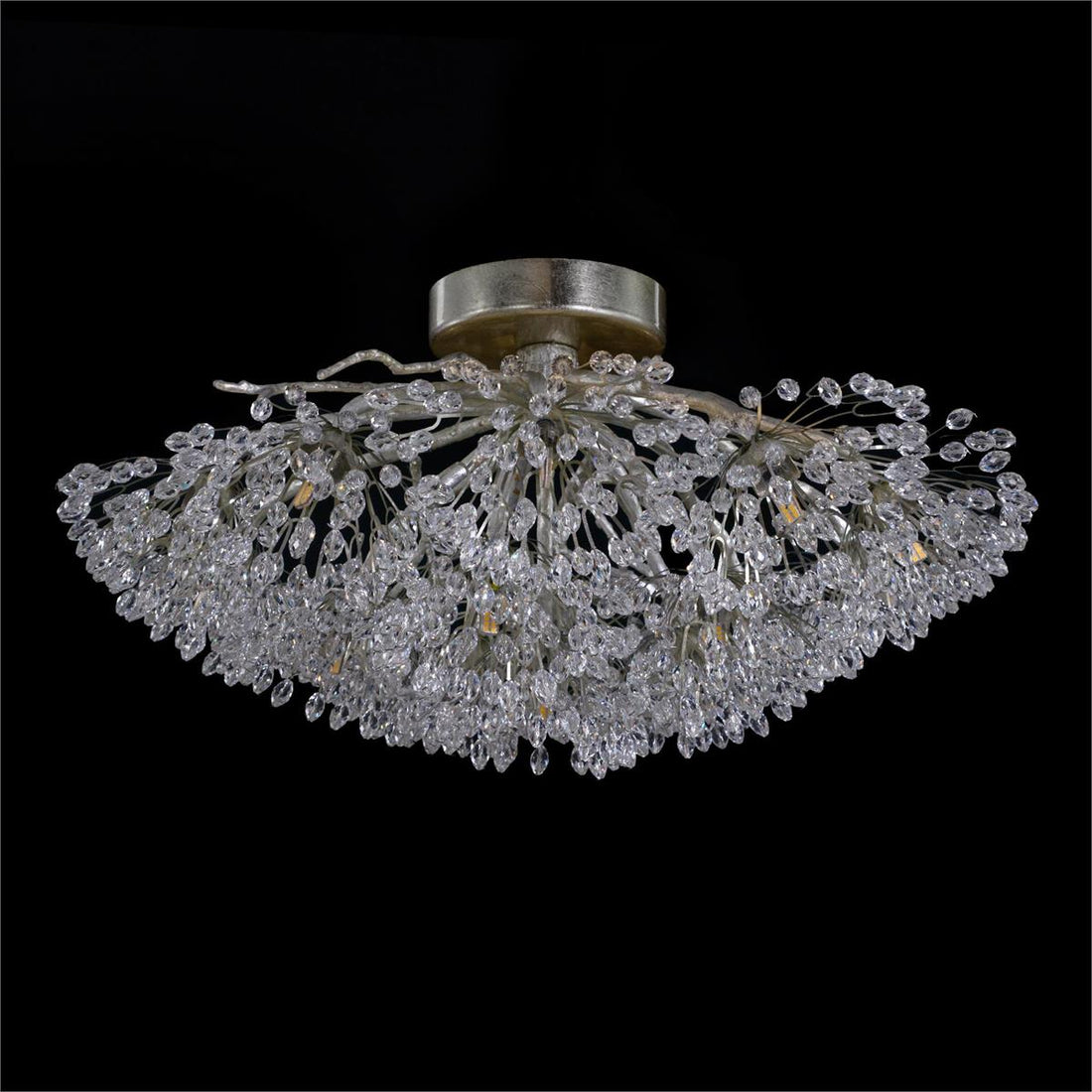 Hanasaku Flower Sixteen-Light Flush Mount in Antique Silver Leaf with Hand-Cut Crystal Accents-Flush Mount-Kavker-Kavker