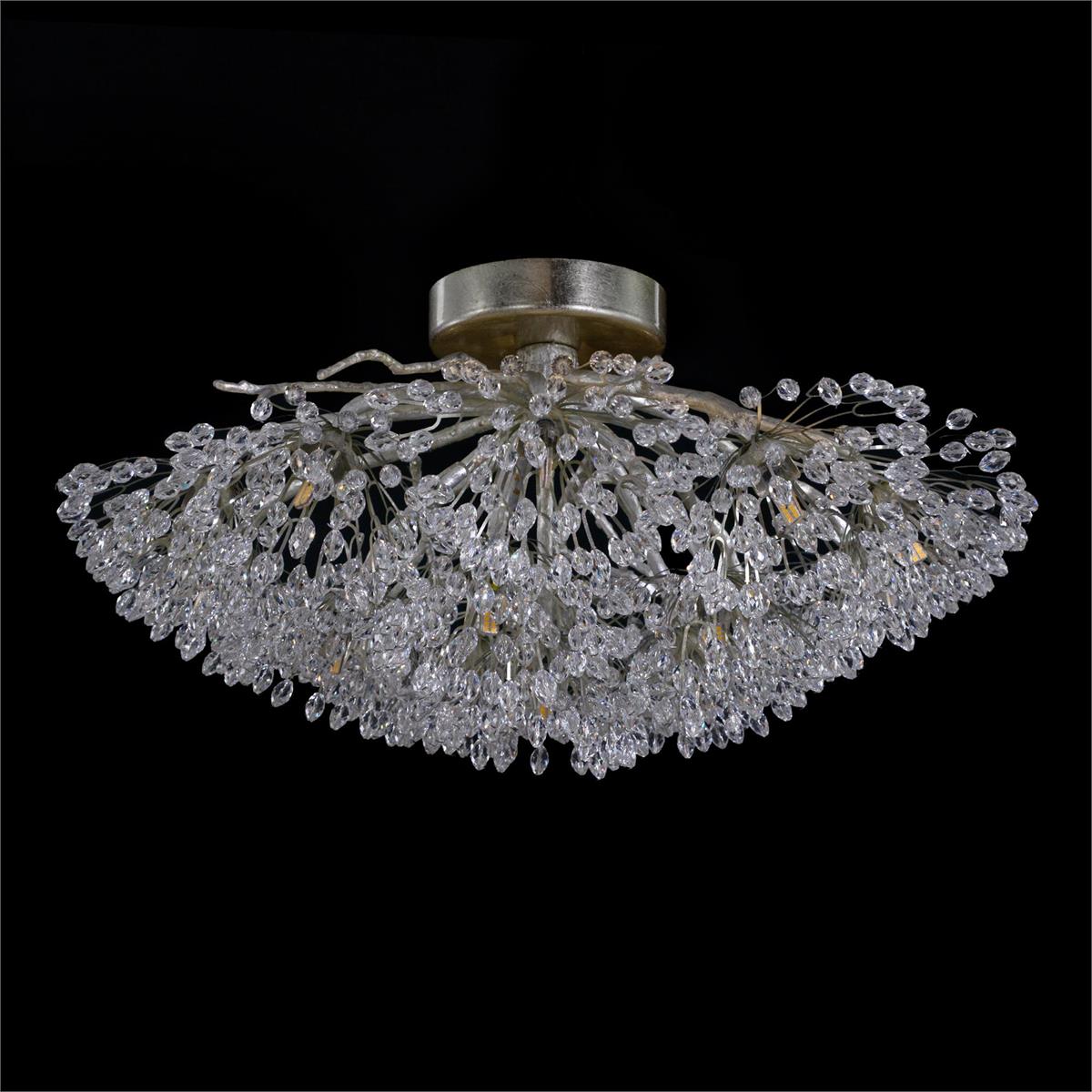 Hanasaku Flower Sixteen-Light Flush Mount in Antique Silver Leaf with Hand-Cut Crystal Accents-Flush Mount-Kavker-Kavker