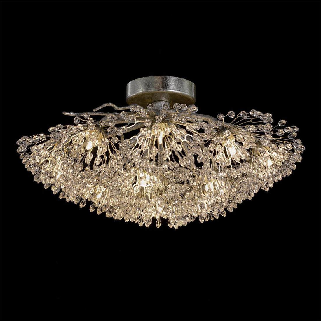 Hanasaku Flower Sixteen-Light Flush Mount in Antique Silver Leaf with Hand-Cut Crystal Accents-Flush Mount-Kavker-Kavker