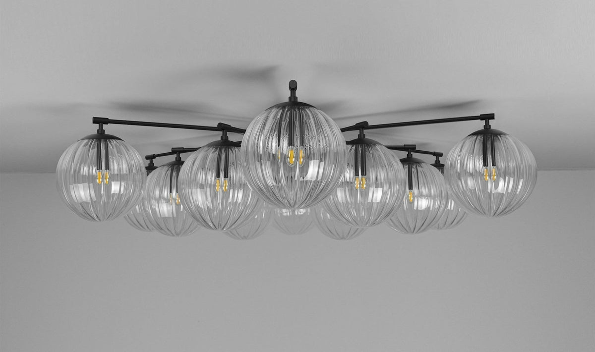 Orion Oval Flush Mount Base Chandelier Ø47.8″ - Black gunmetalBorosilicate Transparent Ribbon GlassKavker