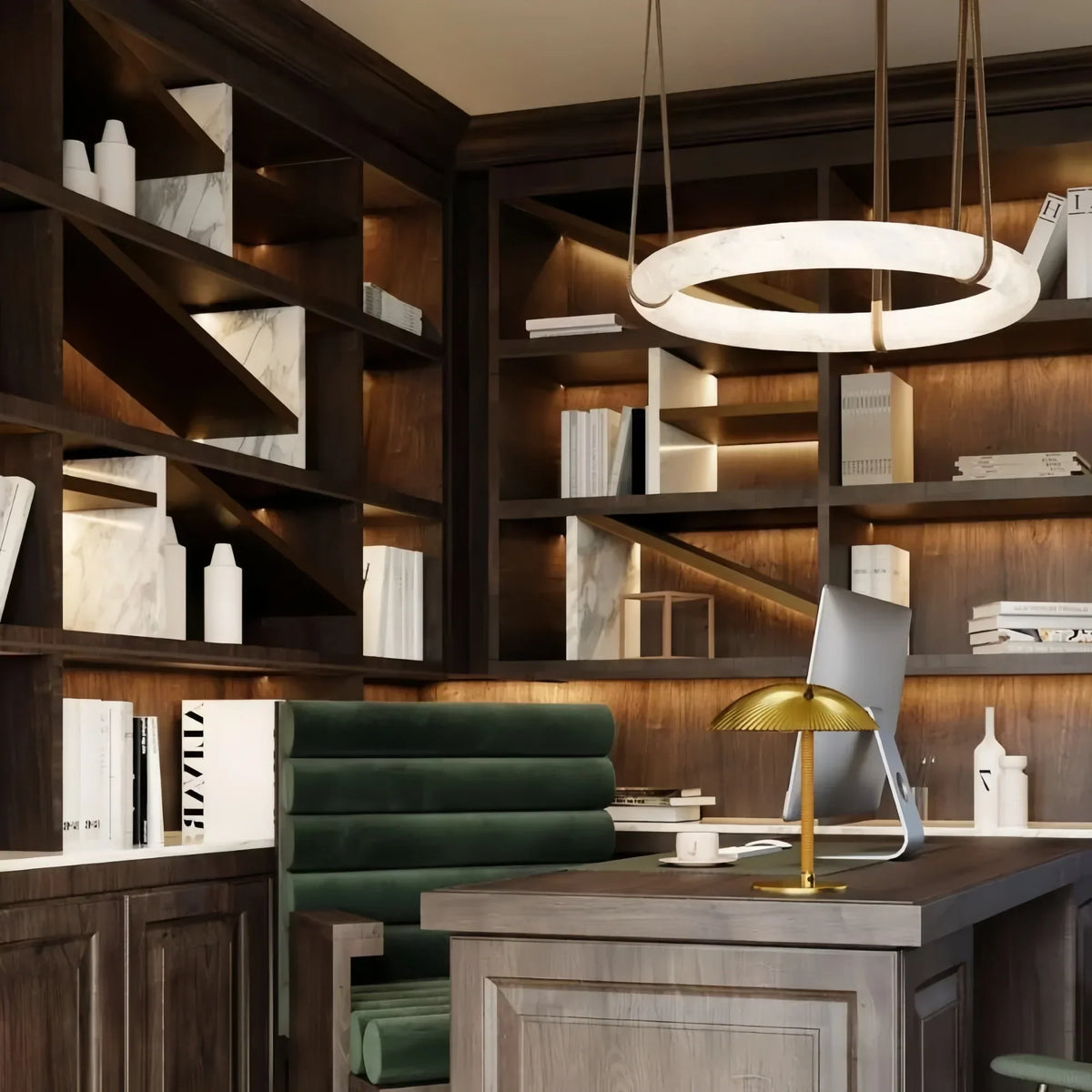 Oslo L1P Pendant Alabaster Chandelier, Halo Ring Chandelier With canopy Over Dining Table-Chandelier-45'' D Single Ring-Kavker
