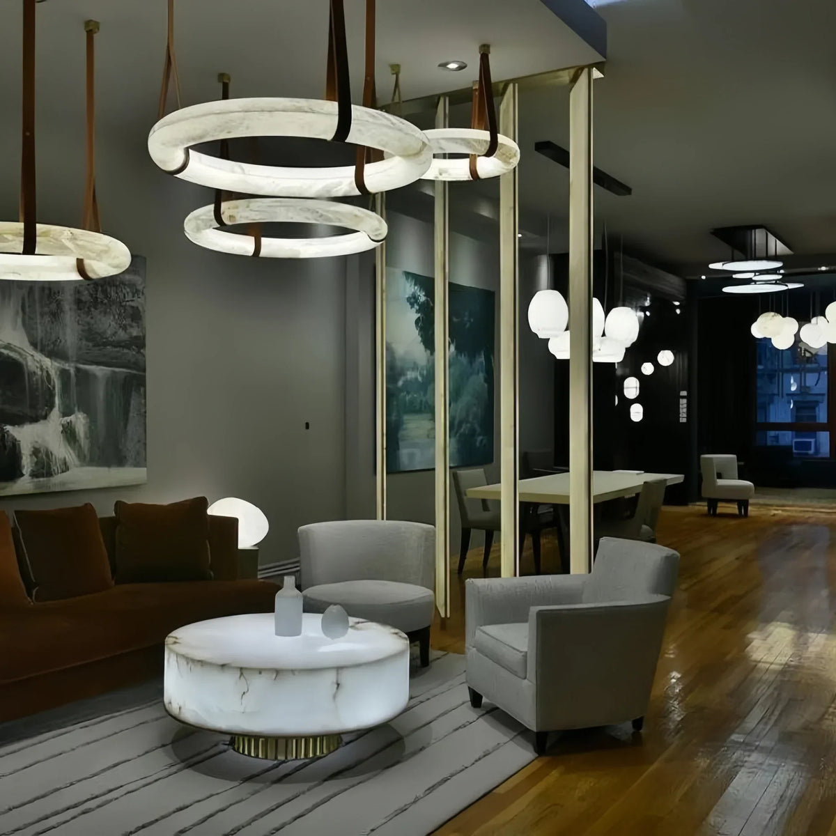 Oslo L1P Pendant Alabaster Chandelier, Halo Ring Chandelier With canopy Over Dining Table-Chandelier-Kavker