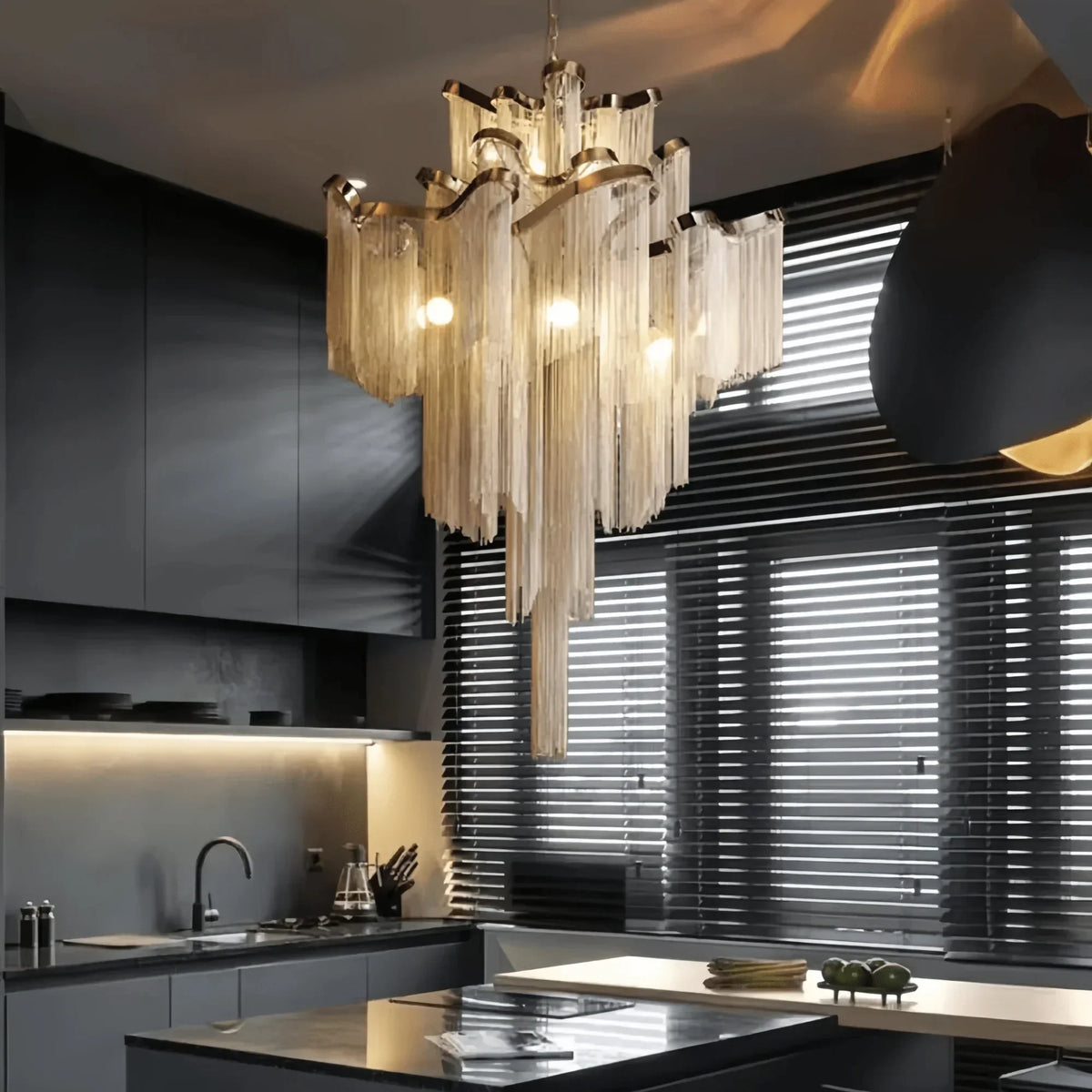 Post - Modern Extra Large Stainless Steel Long Tassel Chandelier - Kavker
