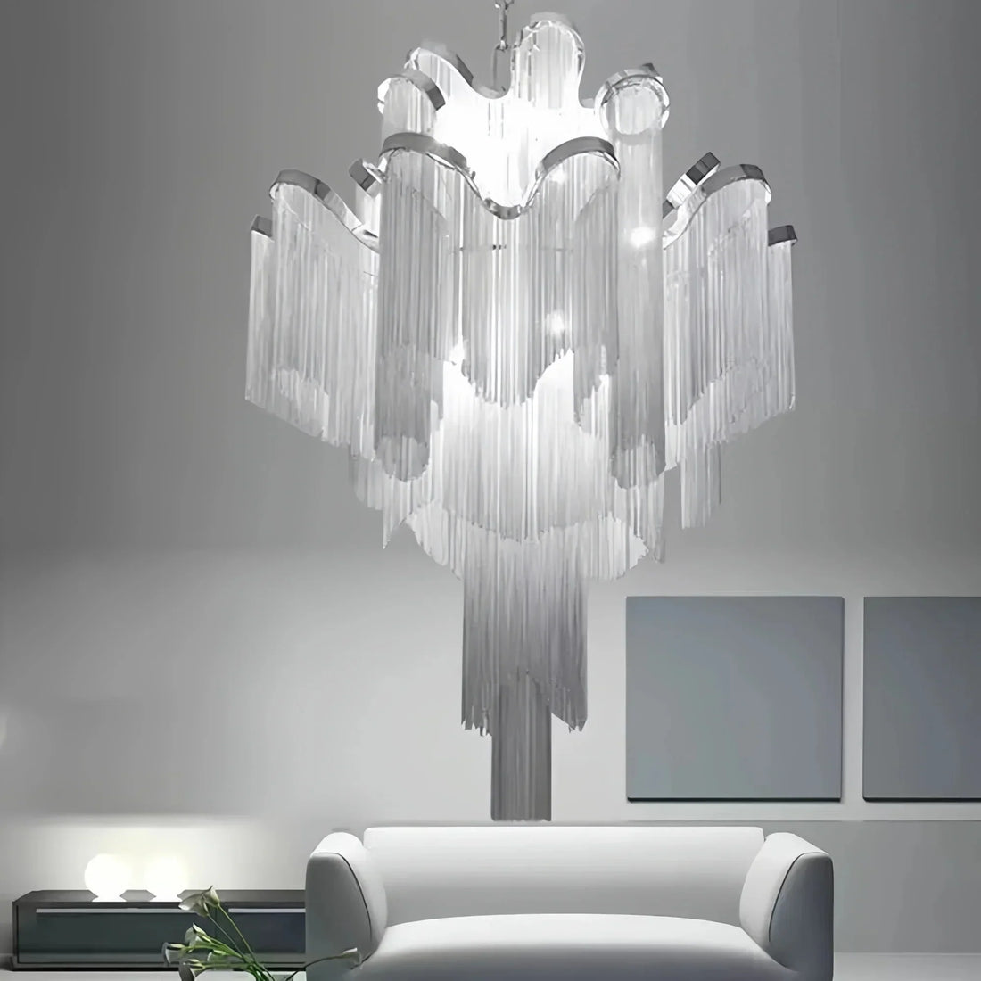 Post - Modern Extra Large Stainless Steel Long Tassel Chandelier - Kavker