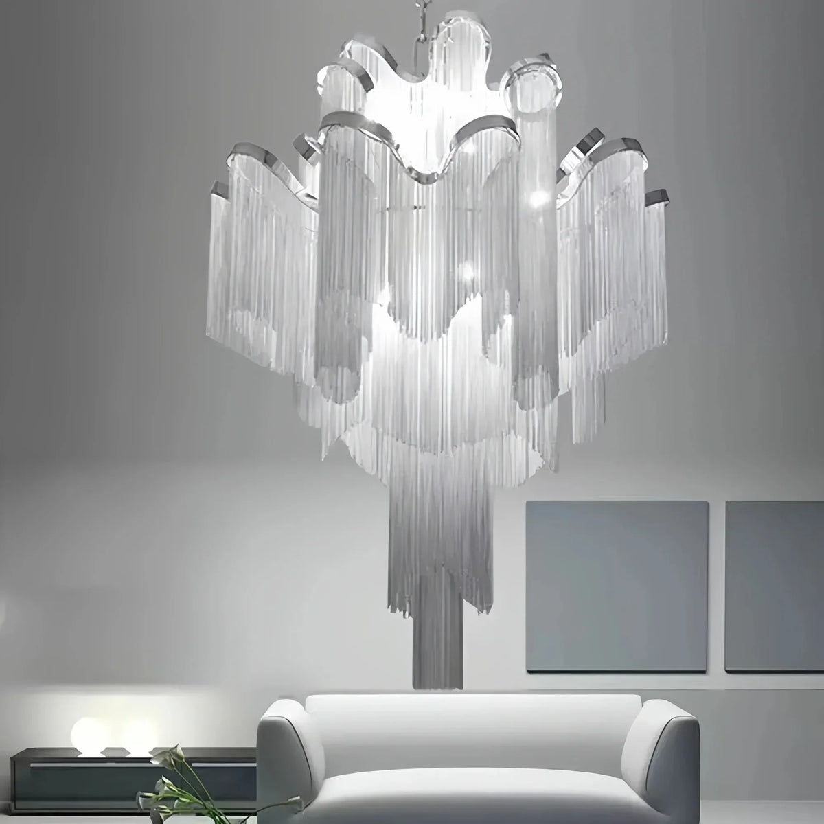 Post - Modern Extra Large Stainless Steel Long Tassel Chandelier - Kavker