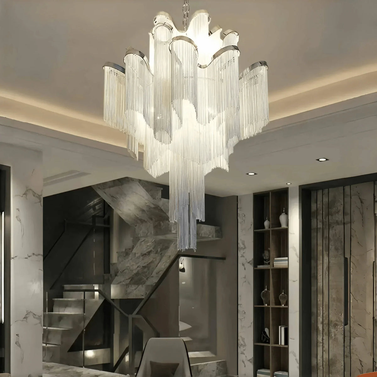 Post - Modern Extra Large Stainless Steel Long Tassel Chandelier - Kavker