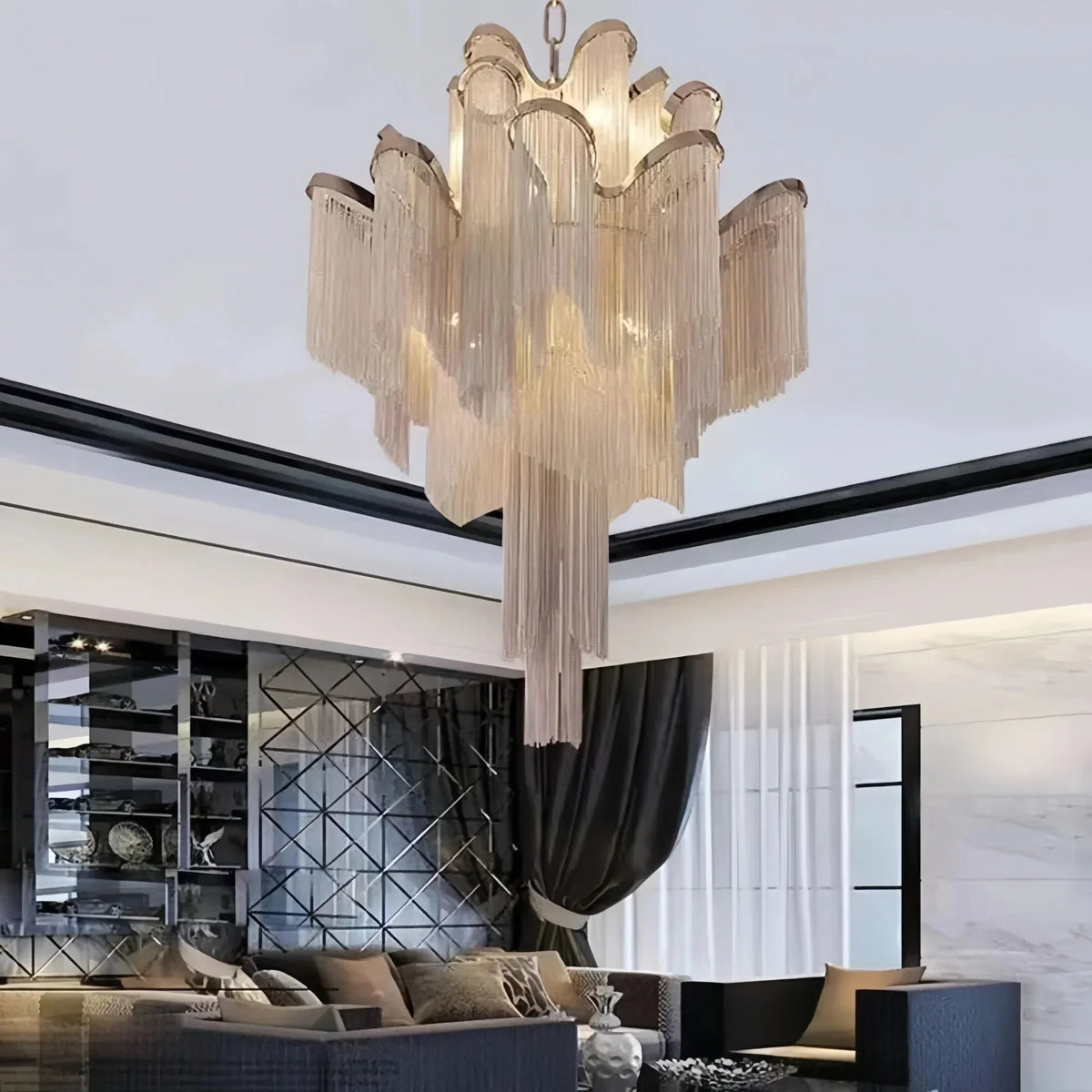 Post - Modern Extra Large Stainless Steel Long Tassel Chandelier - Kavker