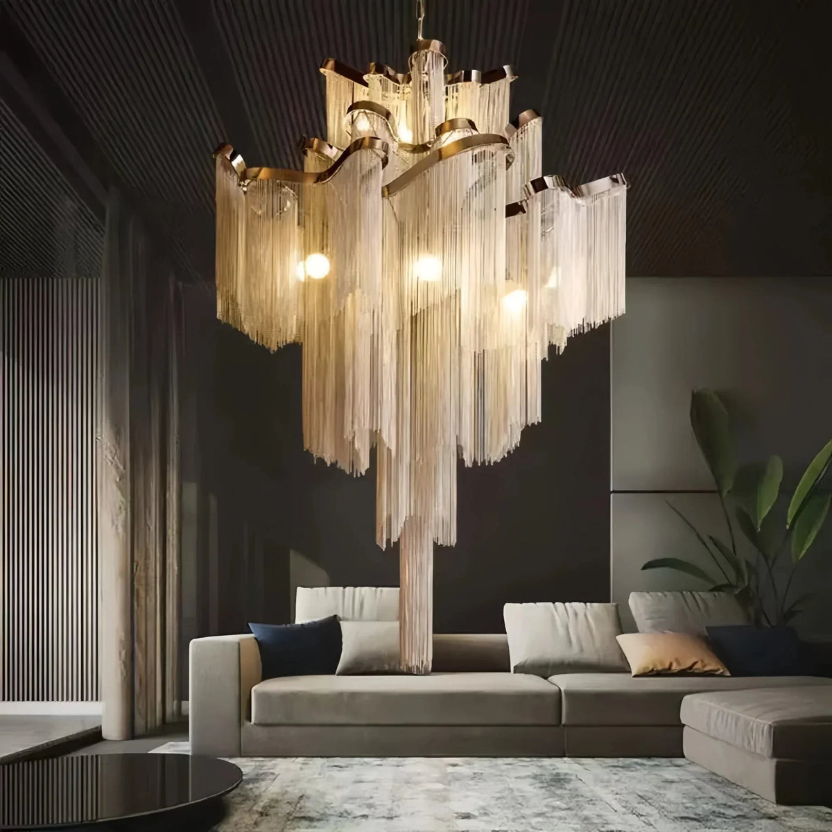 Post - Modern Extra Large Stainless Steel Long Tassel Chandelier - Kavker