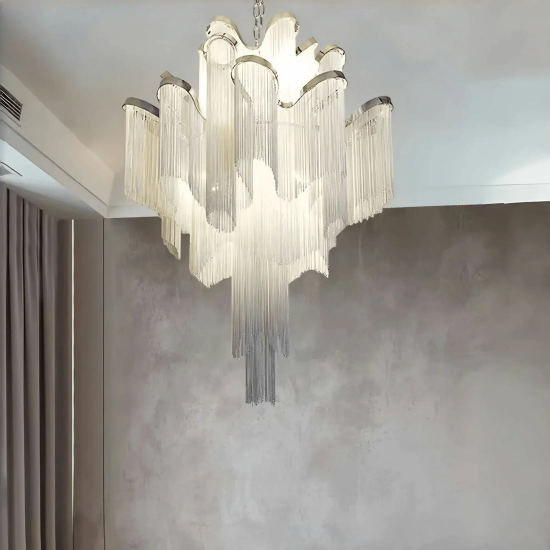 Post - Modern Extra Large Stainless Steel Long Tassel Chandelier - Kavker