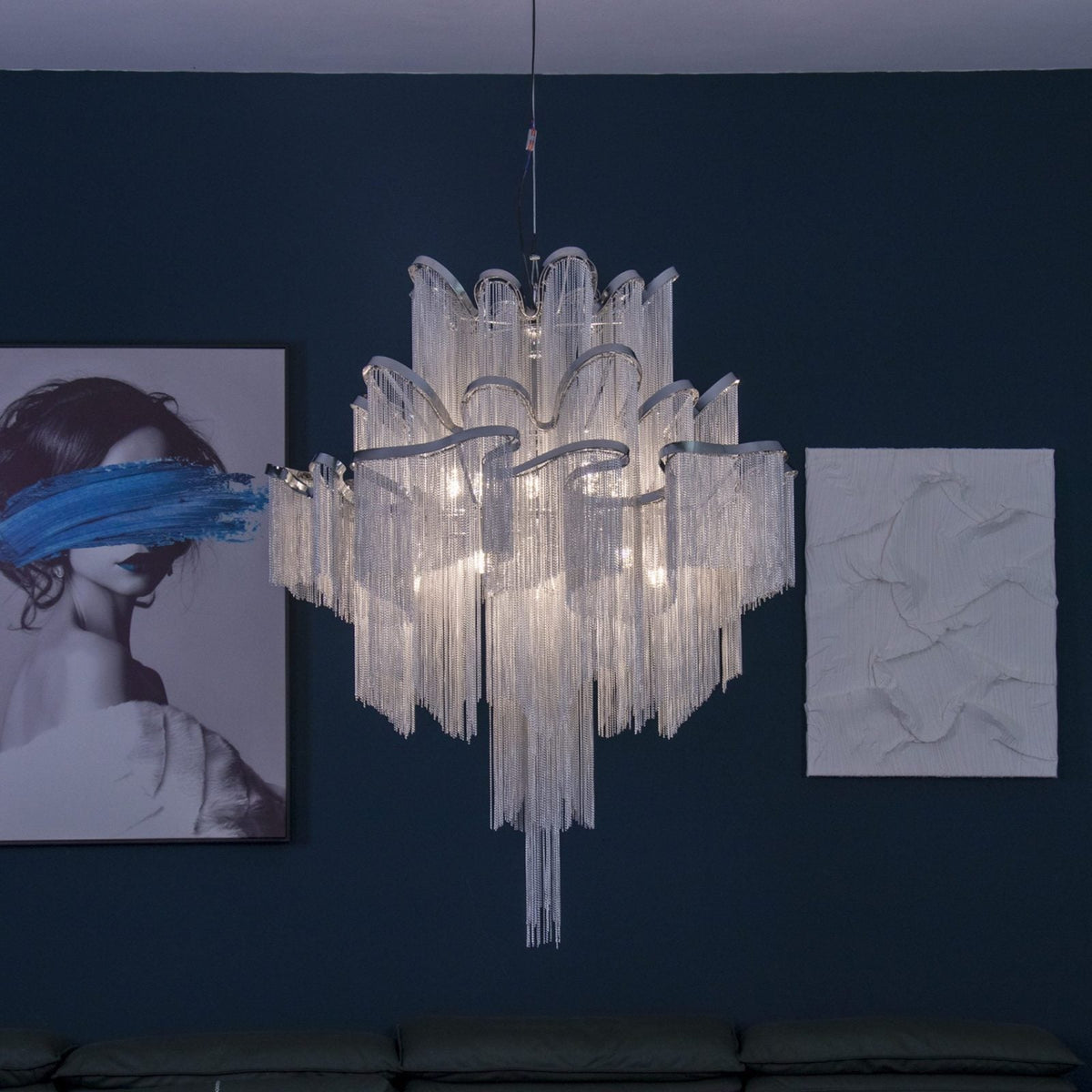 Post-Modern Extra Large Stainless Steel Long Tassel Chandelier