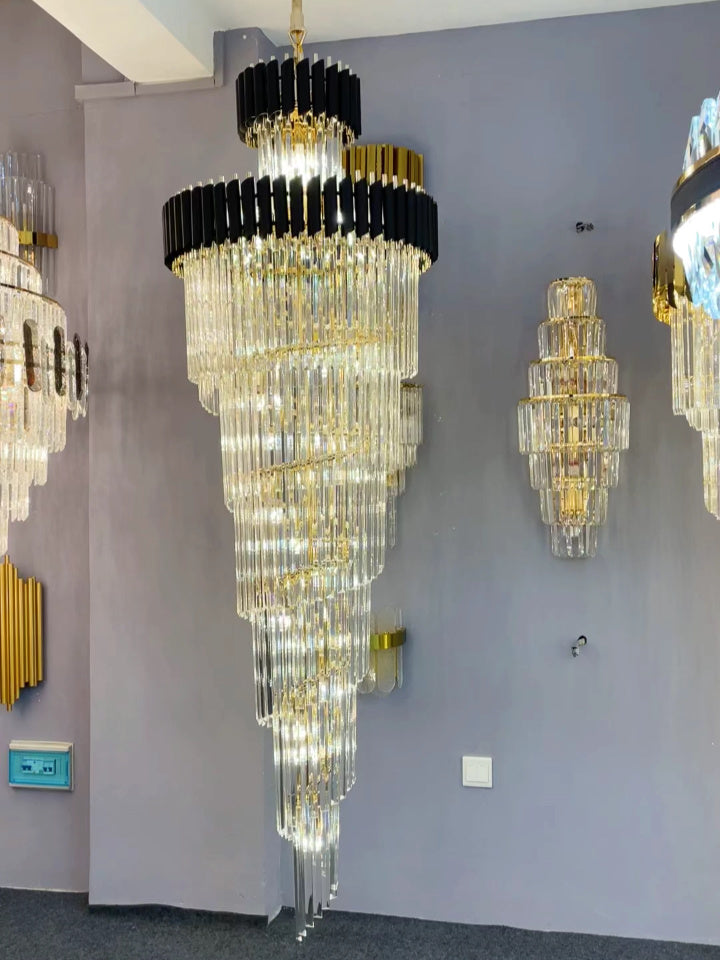 Spiral Crystal Chandelier For Foyer/ Staircase-Chandeliers-Kavker-D31.5"*H118"/35 Lights/39 kg-Black-Warm Light-Kavker