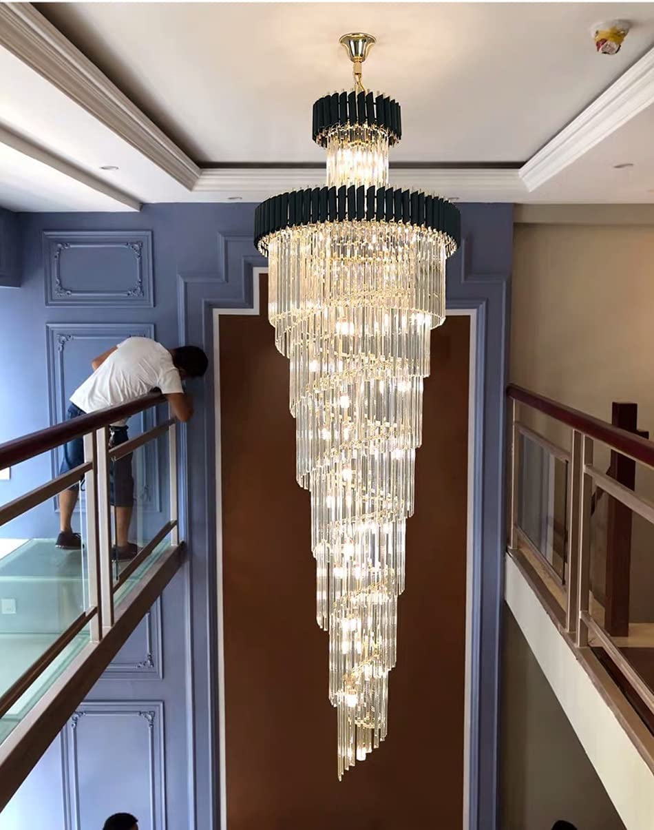 Spiral Crystal Chandelier For Foyer/ Staircase-Chandeliers-Kavker-D47.2 "*H196"/58 Lights/150 kg-Black-Warm Light-Kavker