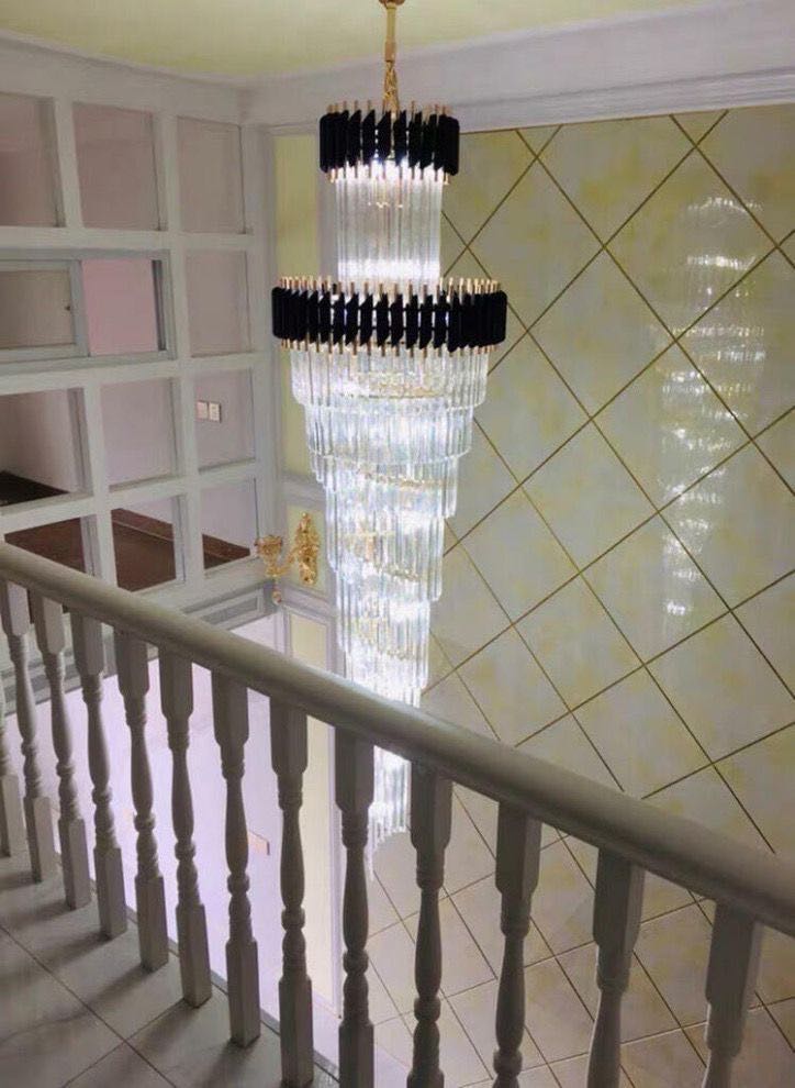 Spiral Crystal Chandelier For Foyer/ Staircase-Chandeliers-Kavker-D17.7"*H59.1"/12 Lights/16 kg-Black-White Light-Kavker