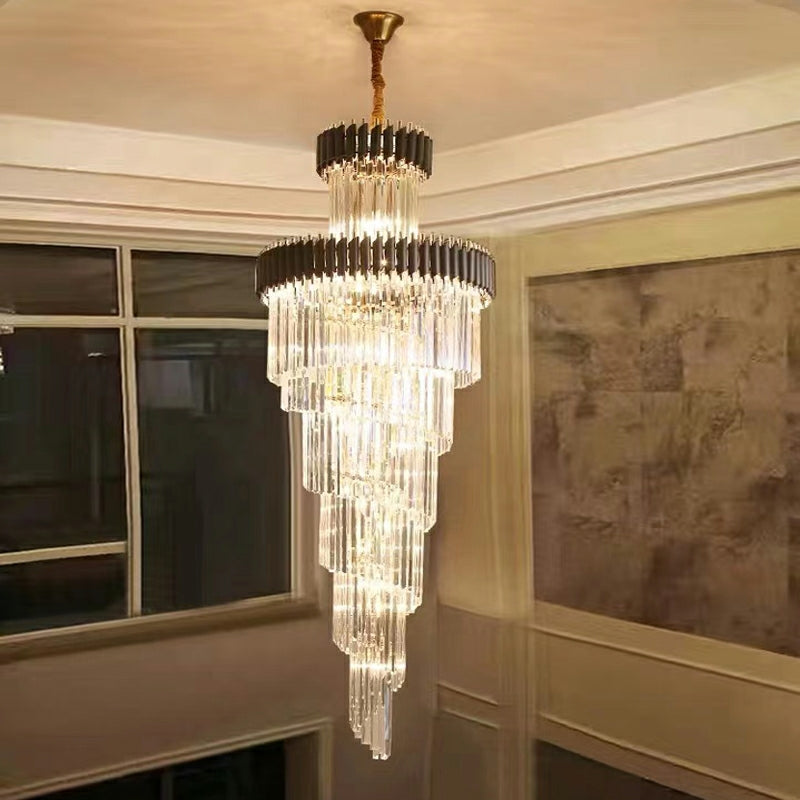 Spiral Crystal Chandelier For Foyer/ Staircase-Chandeliers-Kavker-D17.7"*H59.1"/12 Lights/16 kg-Black-Warm Light-Kavker