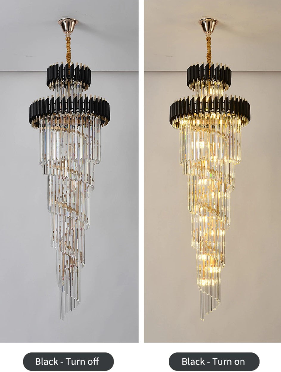 Spiral Crystal Chandelier For Foyer/ Staircase-Chandeliers-Kavker-D17.7"*H59.1"/12 Lights/16 kg-Black-Dimmable Warm Light-Kavker