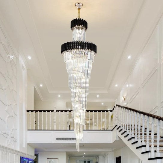 Spiral Crystal Chandelier For Foyer/ Staircase-Chandeliers-Kavker-D17.7"*H59.1"/12 Lights/16 kg-Black-Dimmable White Light-Kavker