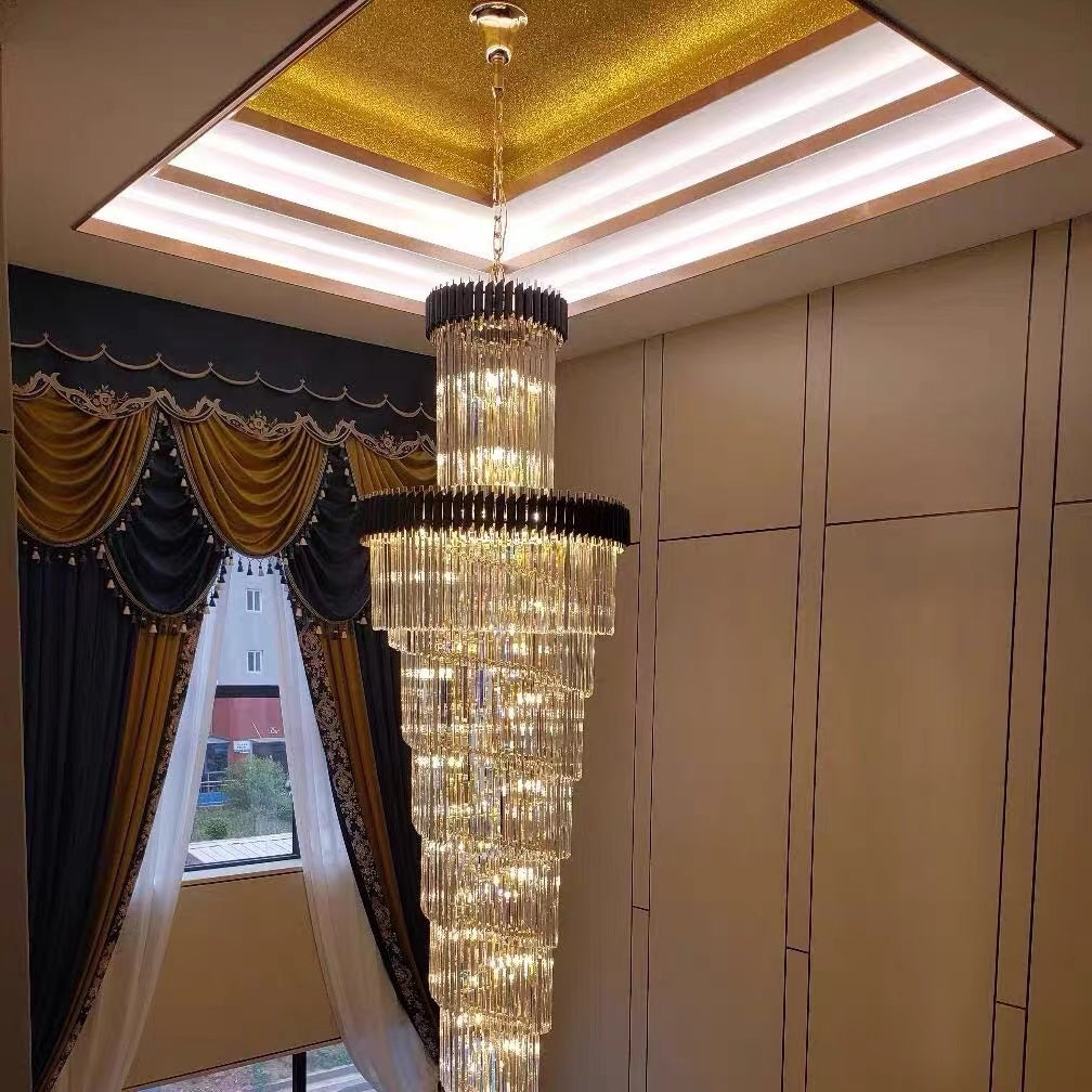 Spiral Crystal Chandelier For Foyer/ Staircase-Chandeliers-Kavker-D39.4"*H118"/35 Lights/58 kg-Black-Warm Light-Kavker